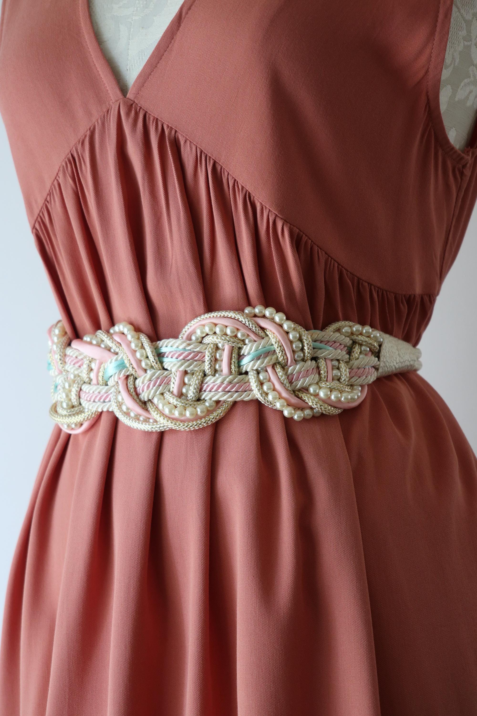 80s Pearls Braided Rope Belt / 1980s Pastel Woven Cord 