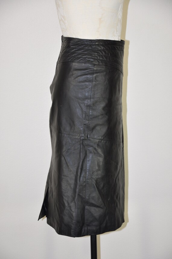 black leather midi skirt / quilted long pencil sk… - image 7