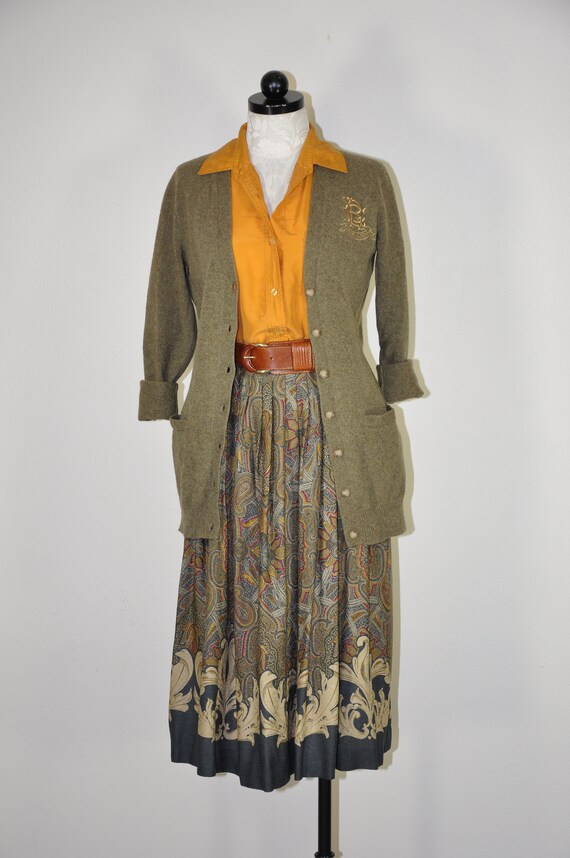 80s autumnal pleated skirt / paisley print midi sk