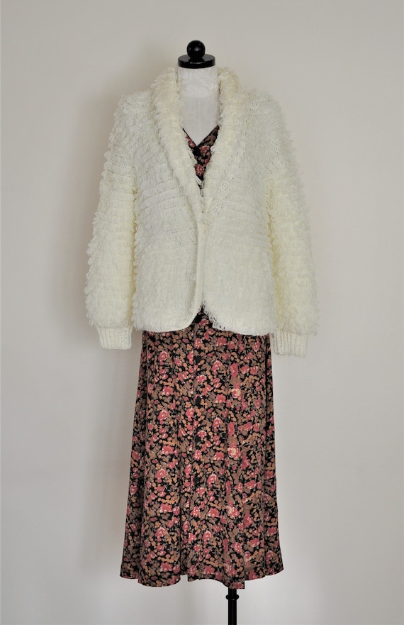 70s cream shaggy cardigan / ivory loop knit blazer