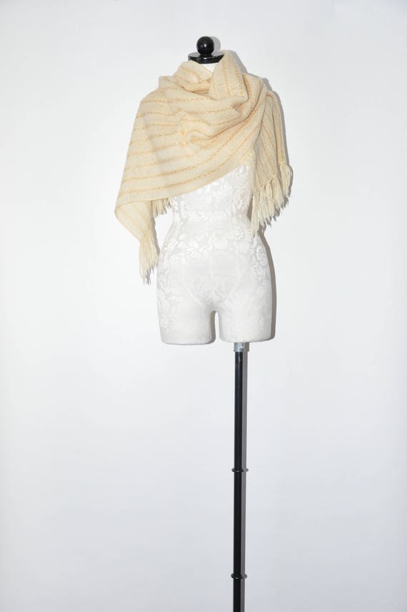 60s large cream wool scarf / 1960s gold knotted sh