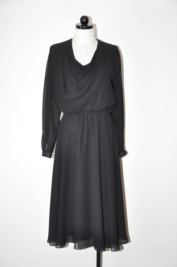 1970s black faux wrap dress / 70s sheer chiffon d… - image 3