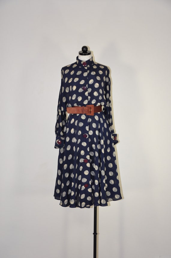 80s navy polka dot dress / flared rayon shirtdress