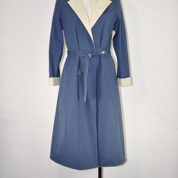 reversible trench coat / 1980s belted trench / vintage wrap coat / navy blue and tan coat