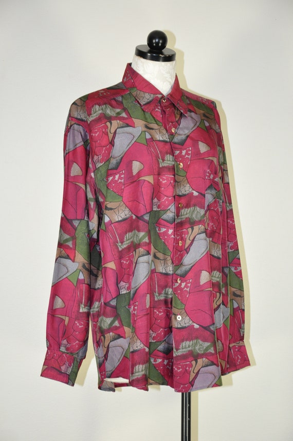 90s burgundy silk shirt / graphic print slouchy t… - image 6