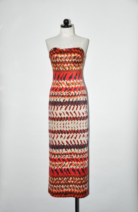 60s fire red striped maxi dress / 1960s strapless… - image 2