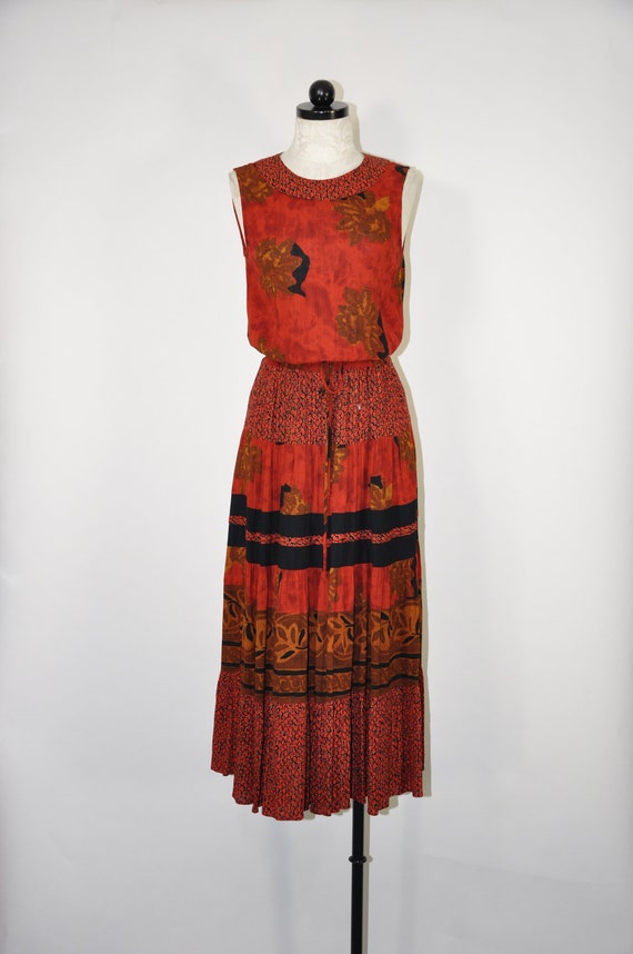 90s sienna brown dress / rust red floral maxi dres