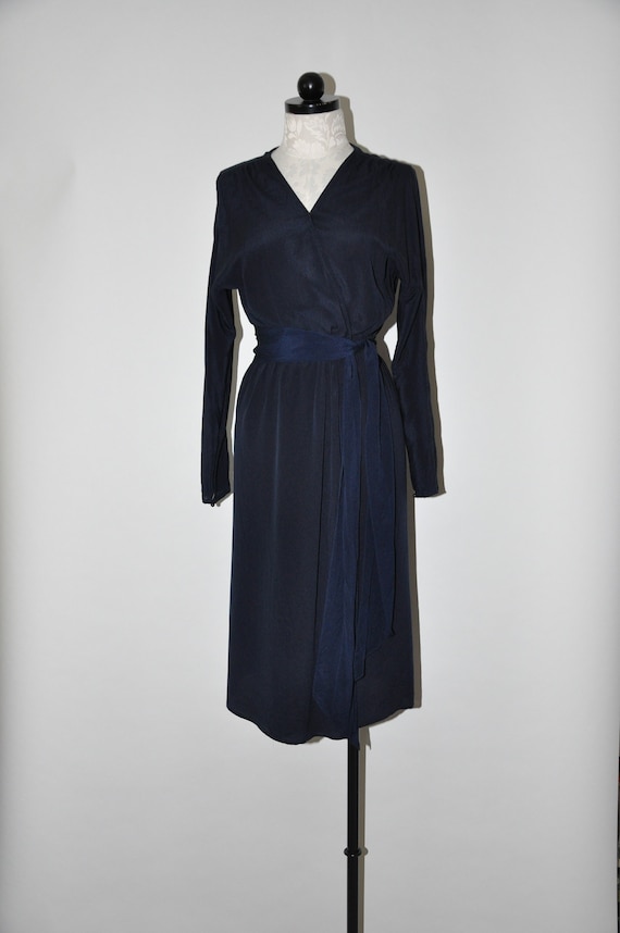 70s navy blue silk dress / 1970s silk wrap dress /