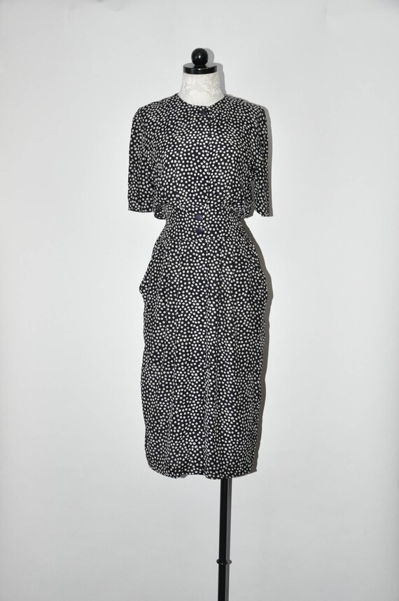 80s graphic black rayon dress / 1980s polka dot mi