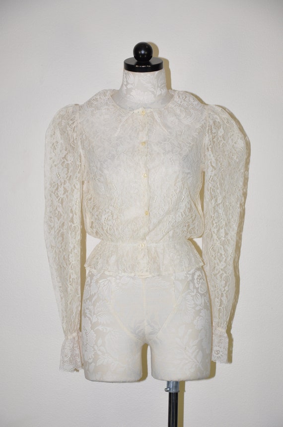 60s cream sheer lace blouse / victorian mutton sl… - image 5