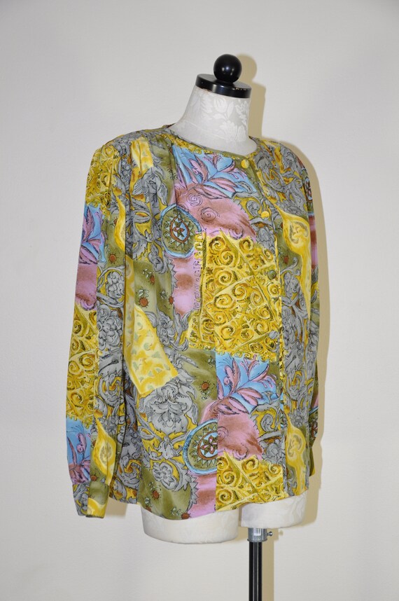90s botanical print silk shirt / baroque puff sle… - image 6