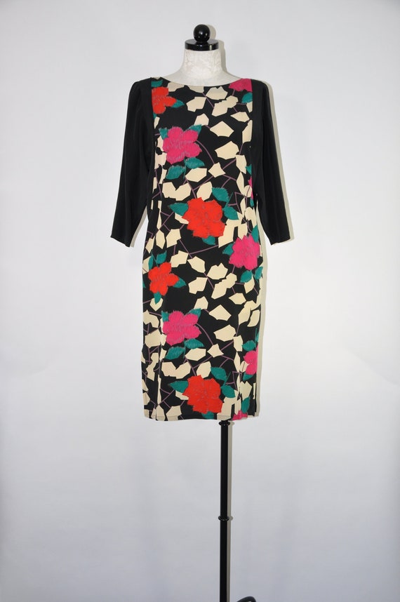 80s rose print silk dress / primary colors floral 