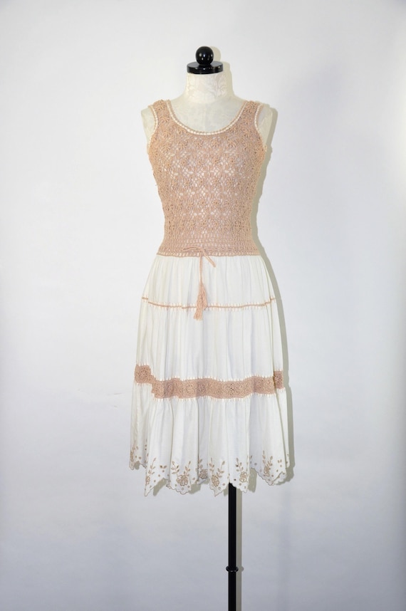 60s sheer crochet bohemian sundress / 1960s cotton beige and White peasant dress 60s sheer crochet bohemian sundress / 1960s cotton beige and White peasant dress