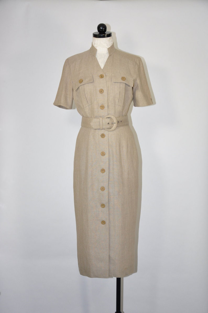 90s flax long coatdress / minimalist linen dress / urban safari midi dress
