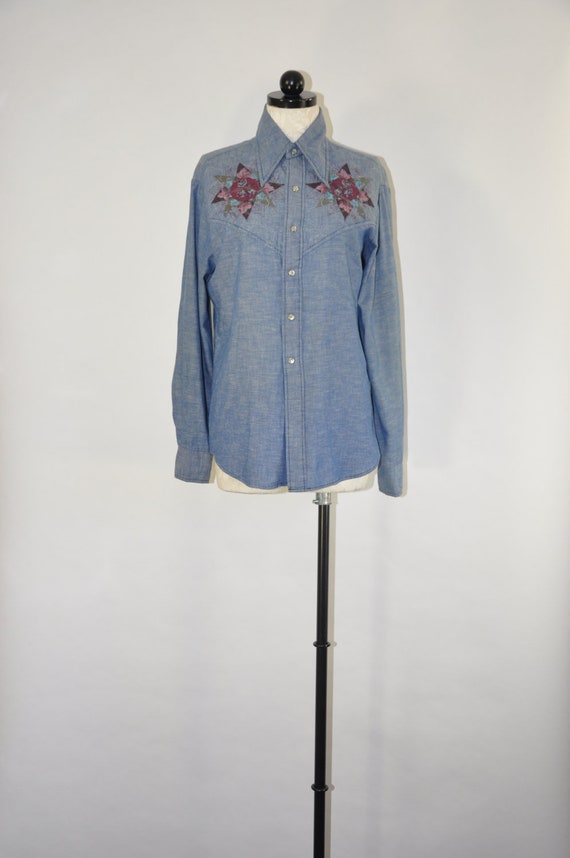 1970s quilted blue jean top / 70 chambray camp sh… - image 1