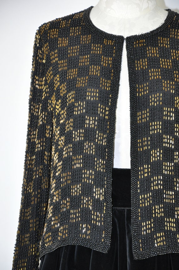 black and gold beaded jacket / vintage sparkly ch… - image 4