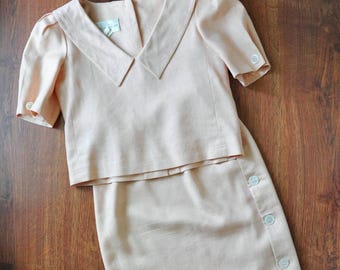 80s peach puff sleeve linen set / Oscar De La Renta two piece dress