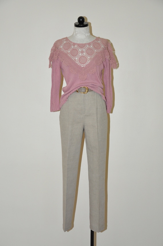 80s mauve crochet sweater / rosette yoke knit pull