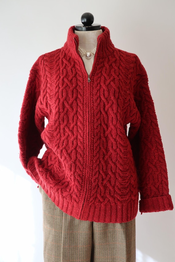 90s Ralph Lauren Red Cable Knit Wool Cardigan / Chunky Knit Aran 
