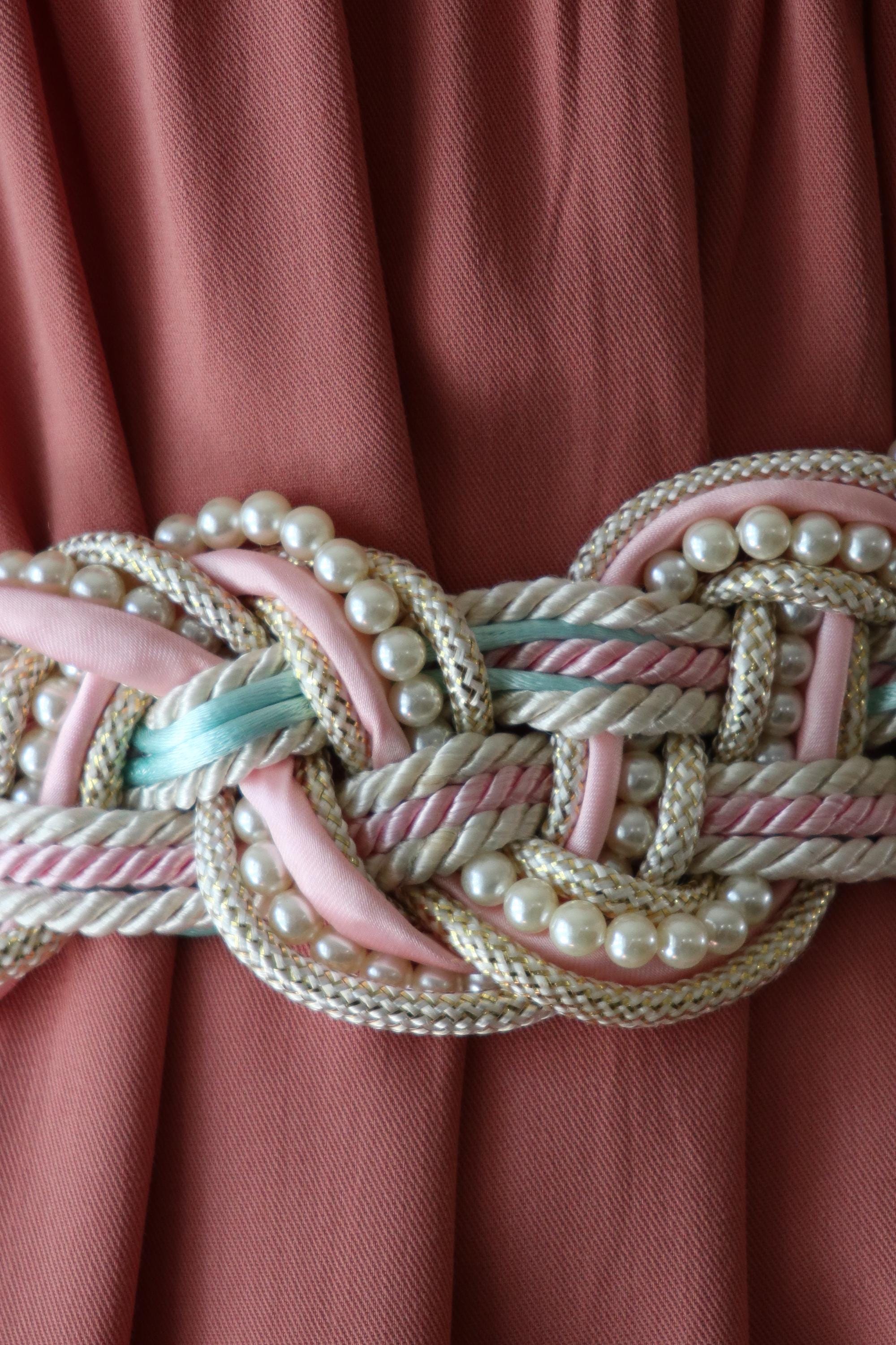 Vintage Braided Rope Belt Pearl Detail Pastel Nautical Statement Waist Belt. M/L 80s Pearls Braided Rope Belt / 1980s Pastel Woven Cord  main image 4