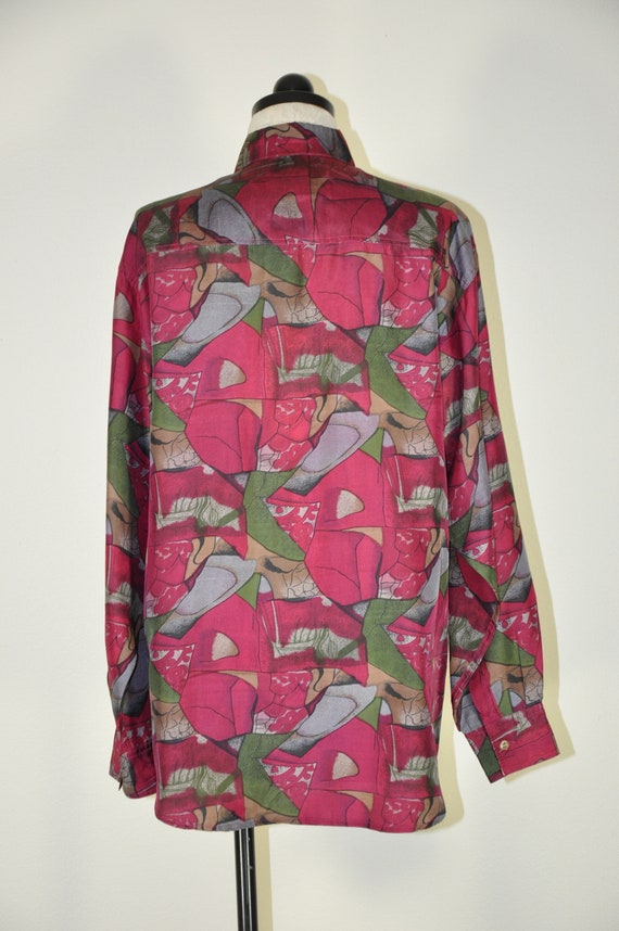 90s burgundy silk shirt / graphic print slouchy t… - image 8