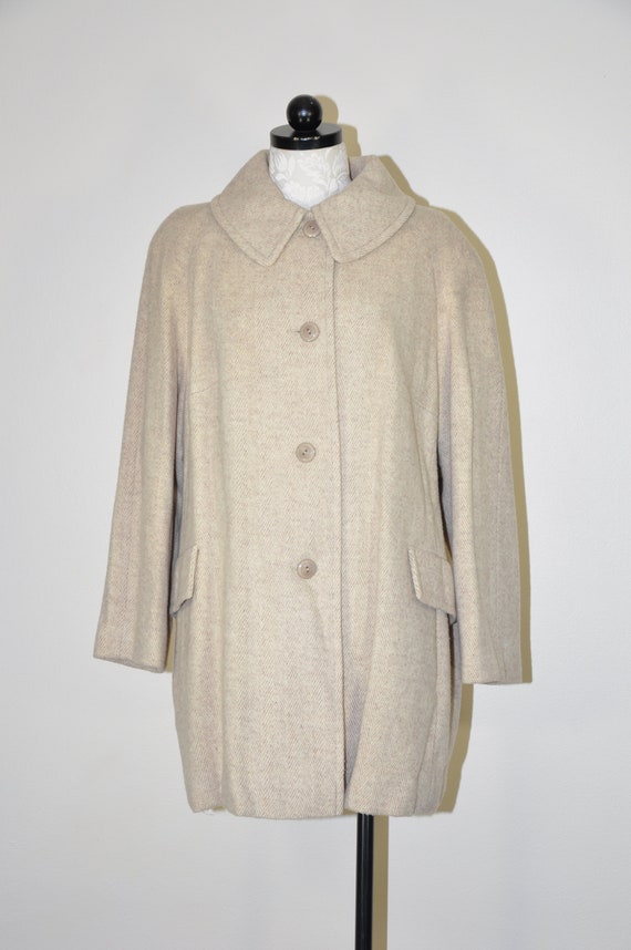 90s neutral short wool coat / herringbone swing c… - image 4