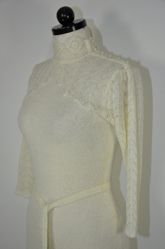 70s ivory pointelle knit dress / high neck knitte… - image 10