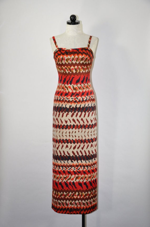 60s fire red striped maxi dress / 1960s strapless… - image 1