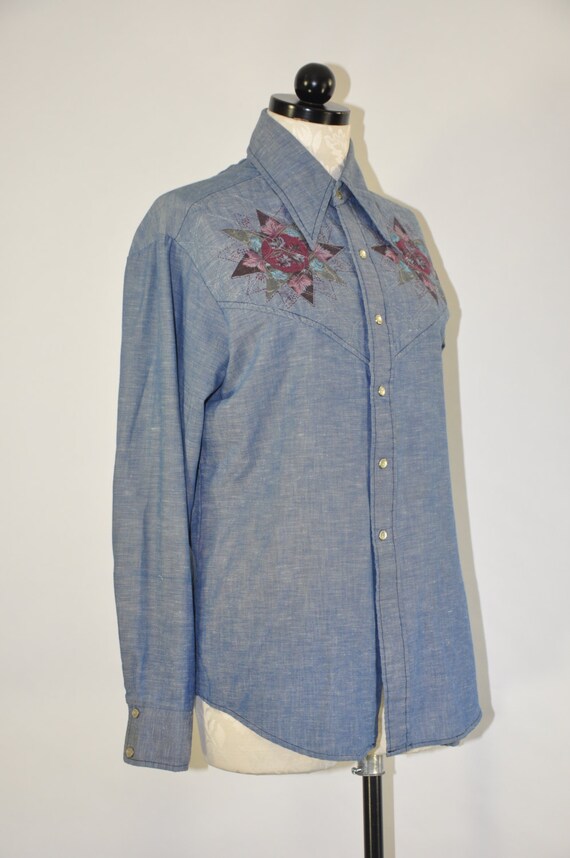 1970s quilted blue jean top / 70 chambray camp sh… - image 3