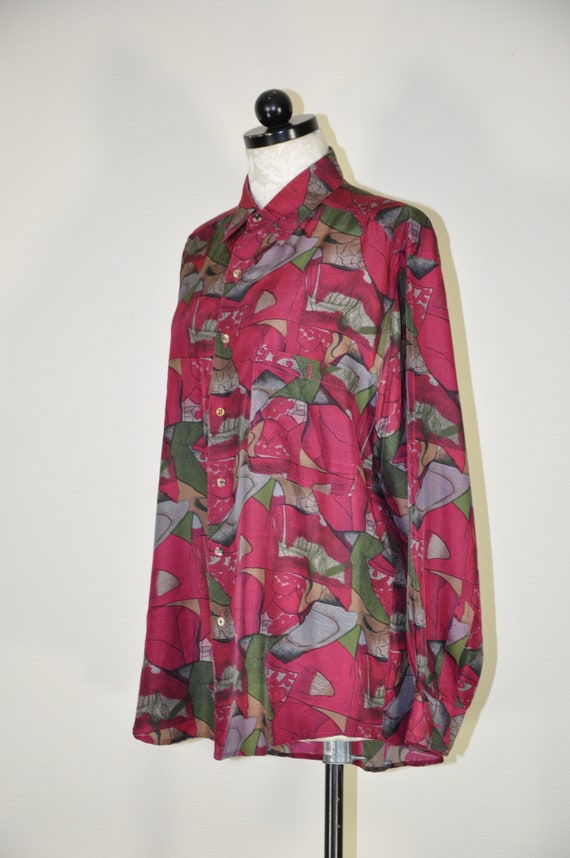 90s burgundy silk shirt / graphic print slouchy t… - image 10