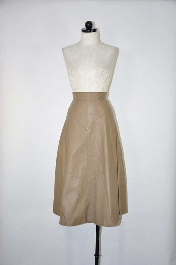 80s taupe leather full skirt / 1980s leather midi