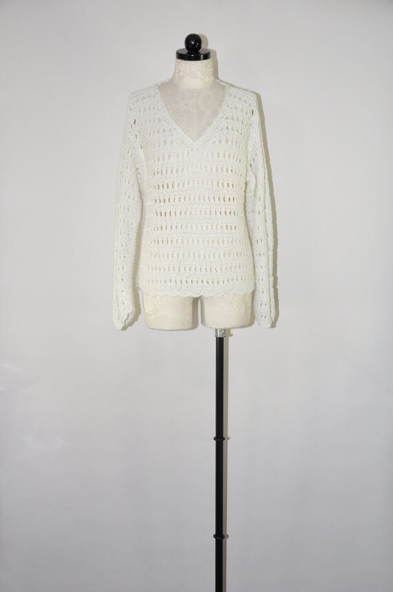 90s white cotton sweater / 1990s macrame sweater /