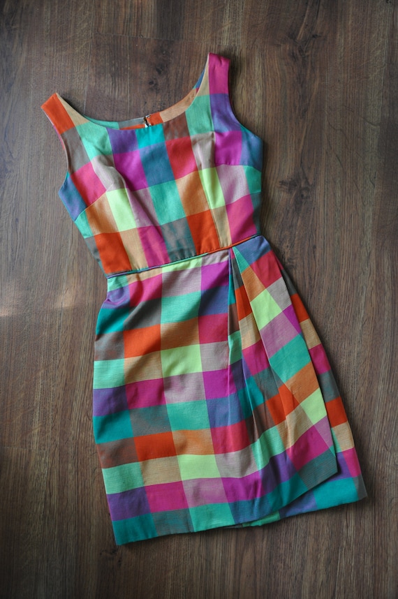 60s rainbow madras dress / 1960s tulip wrap dress