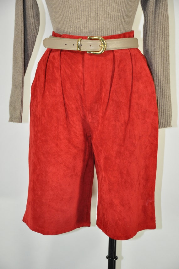 80s red suede pleated shorts / 1980s brushed leat… - image 3