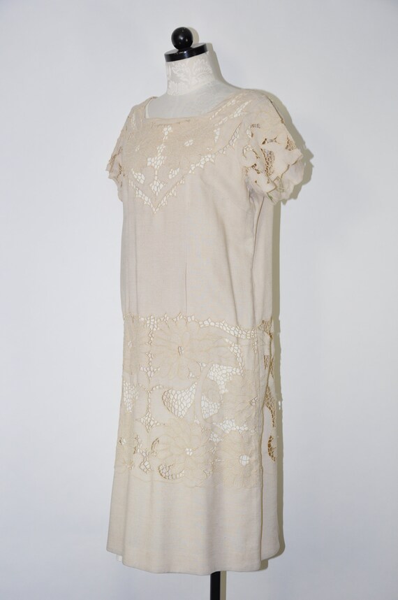 60s Neutral Openwork Lace Dress / Vintage Beige Linen Cutout Shift Dress