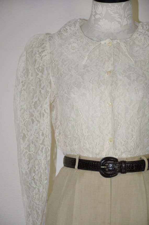 60s cream sheer lace blouse / victorian mutton sl… - image 3