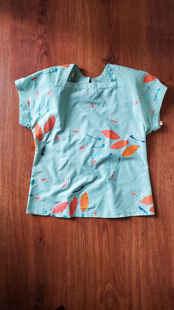 80s hand painted blouse /  1980s mint green shirt… - image 9