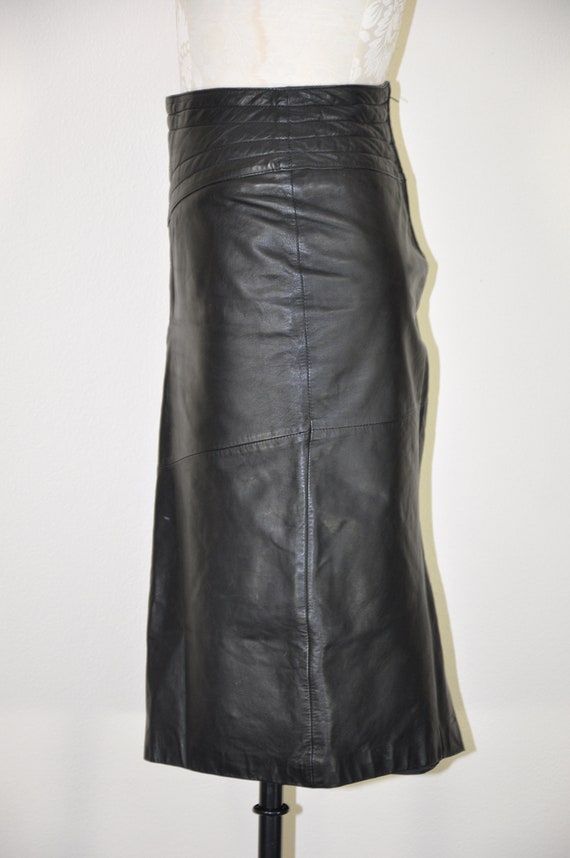 black leather midi skirt / quilted long pencil sk… - image 9