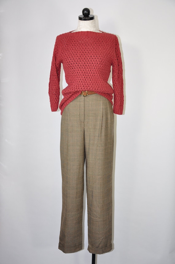 90s raspberry linen sweater / 1990s lacey hand kni