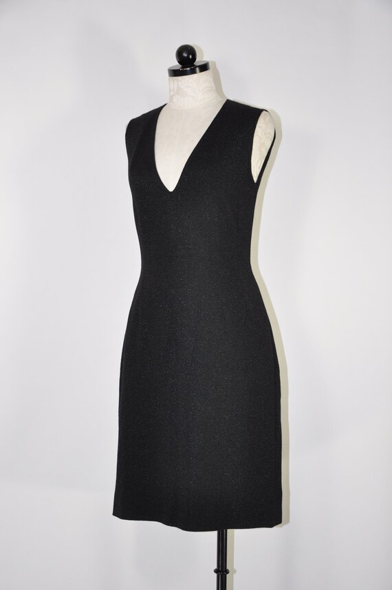 60s black knit shift dress / 1960s metallic V nec… - image 9