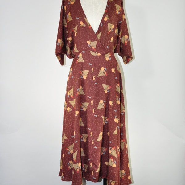 70s maroon silk dress / floral bohemian dress / 1970s low neckline dress / open back boho dress