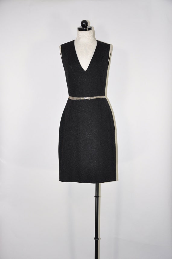 60s black knit shift dress / 1960s metallic V nec… - image 2