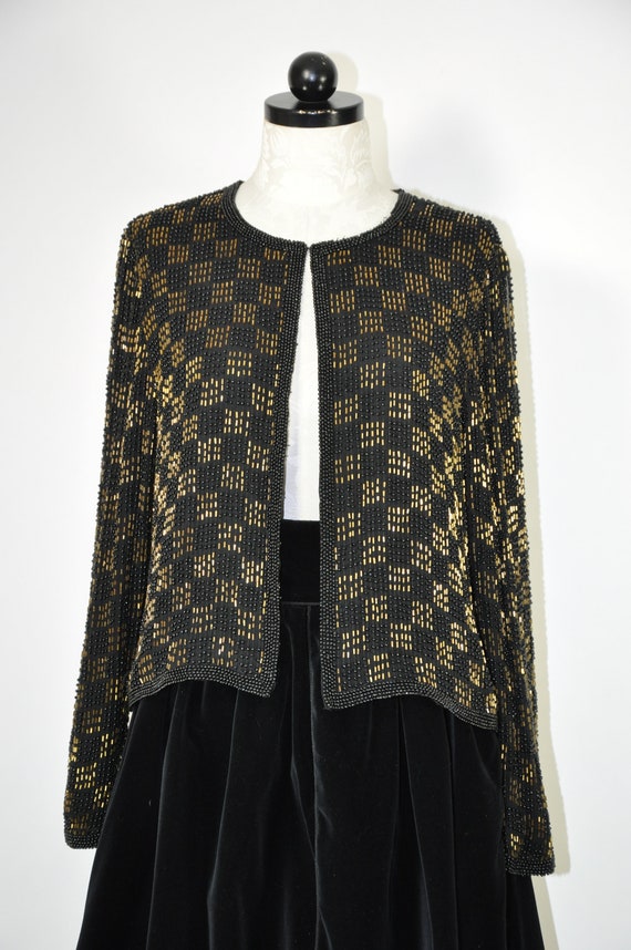 black and gold beaded jacket / vintage sparkly ch… - image 3