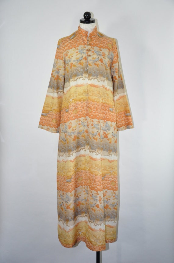 60s bird print maxi dress / 1960s Asian long dress