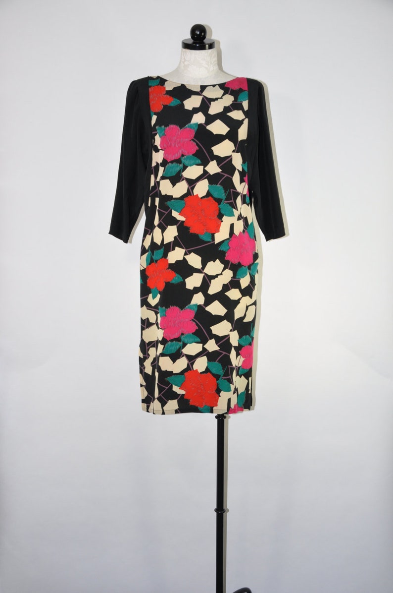 80s colorblock shops silk dress / abstract floral print dress / Nora Noh puff sleeves dress