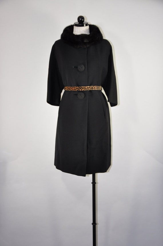60s black wool swing coat / 1960s mink collar coat