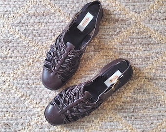90er braun geschlossene Zehen Slingback Käfig Sandalen / echt Leder Strappy Schuhe 6.5