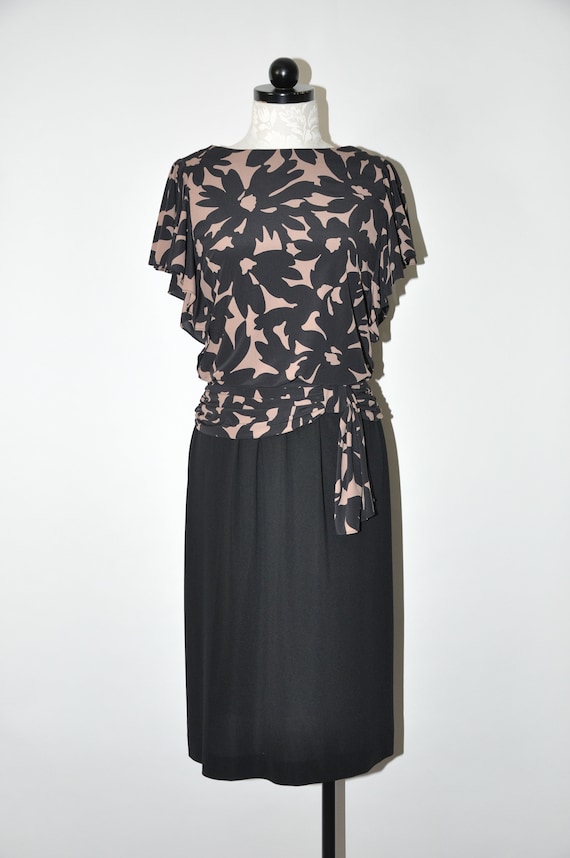 1980s floral draped dress / 80s black and beige d… - image 2