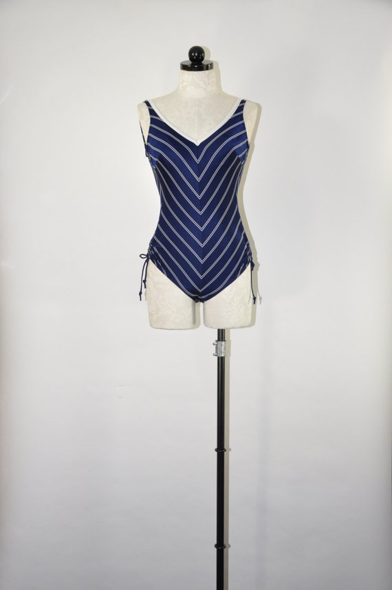 60s navy blue swimsuit / 1960s chevron bathing suit /… - Gem