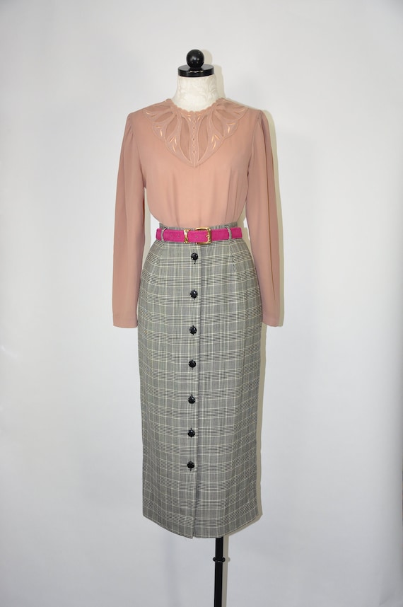 90s wool long pencil skirt / gray glen plaid midi